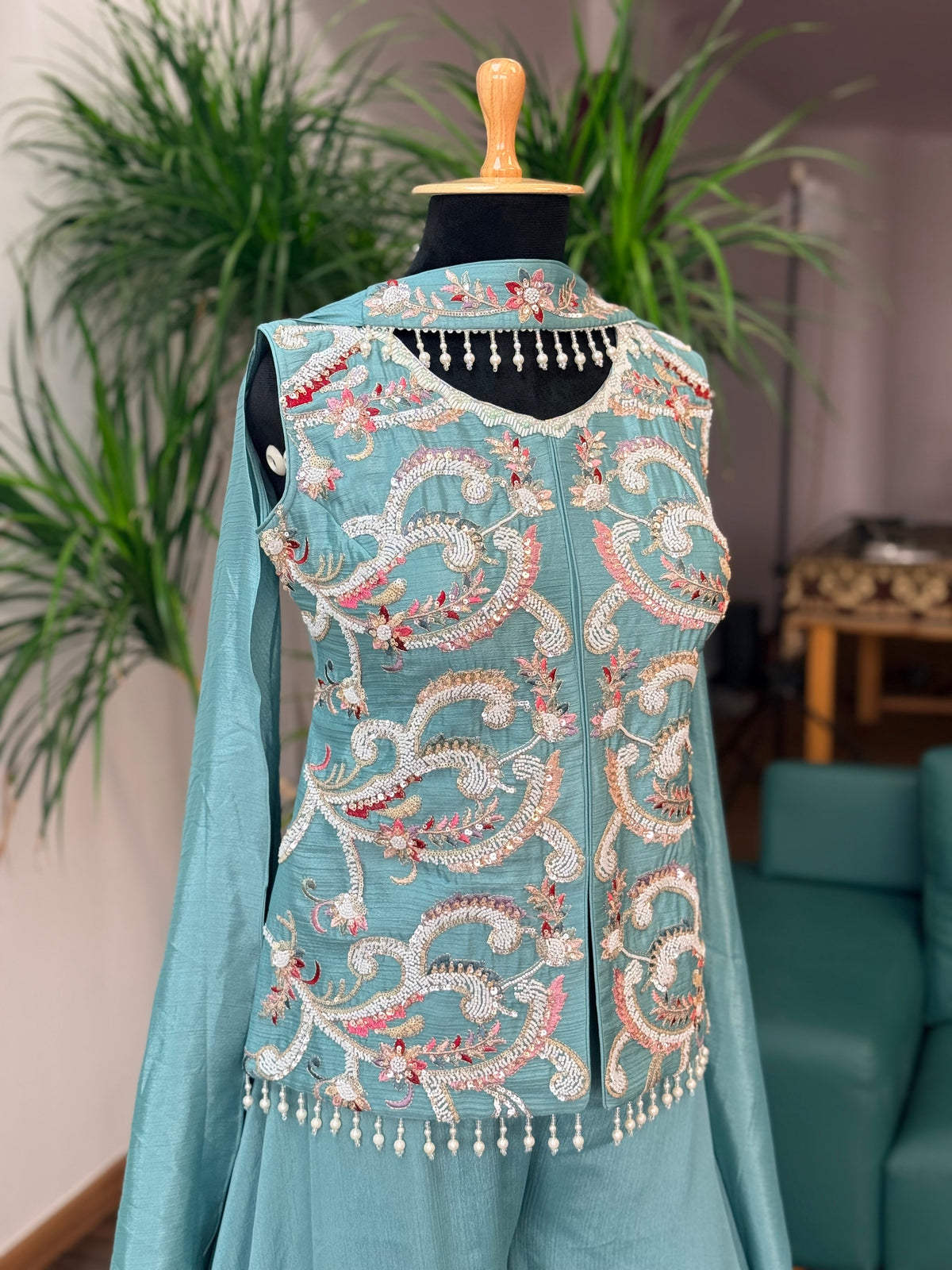 Sky blue color Bids Sequence Embroidery work Sharara set BLS122