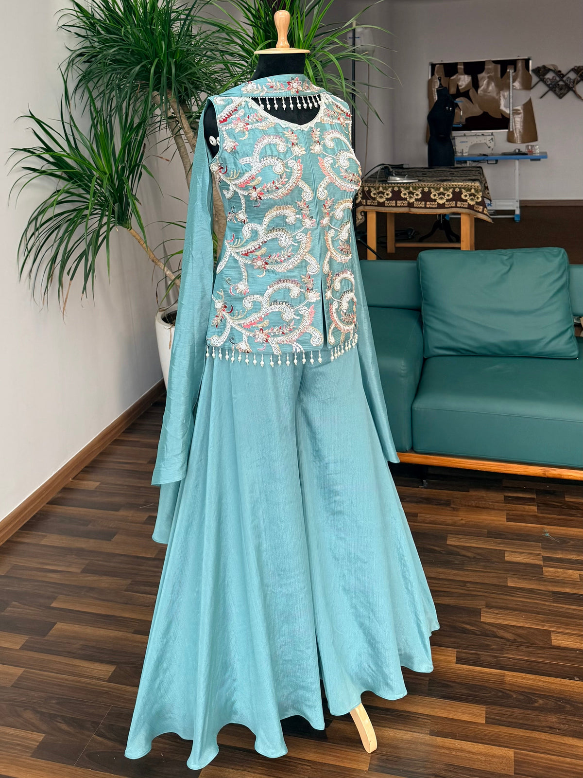 Sky blue color Bids Sequence Embroidery work Sharara set BLS122