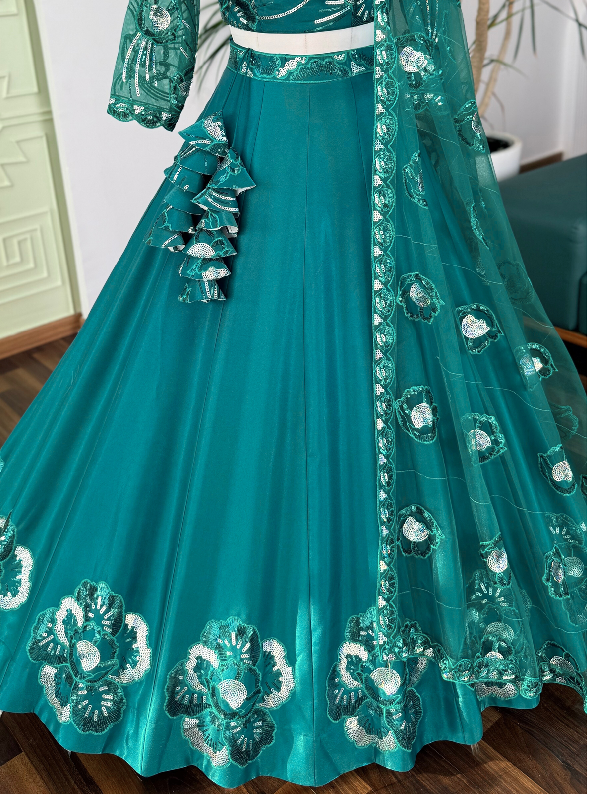 Teal Green Color Sequence Embroidery work Ruffle Style Lehenga Choli for any function BL1699