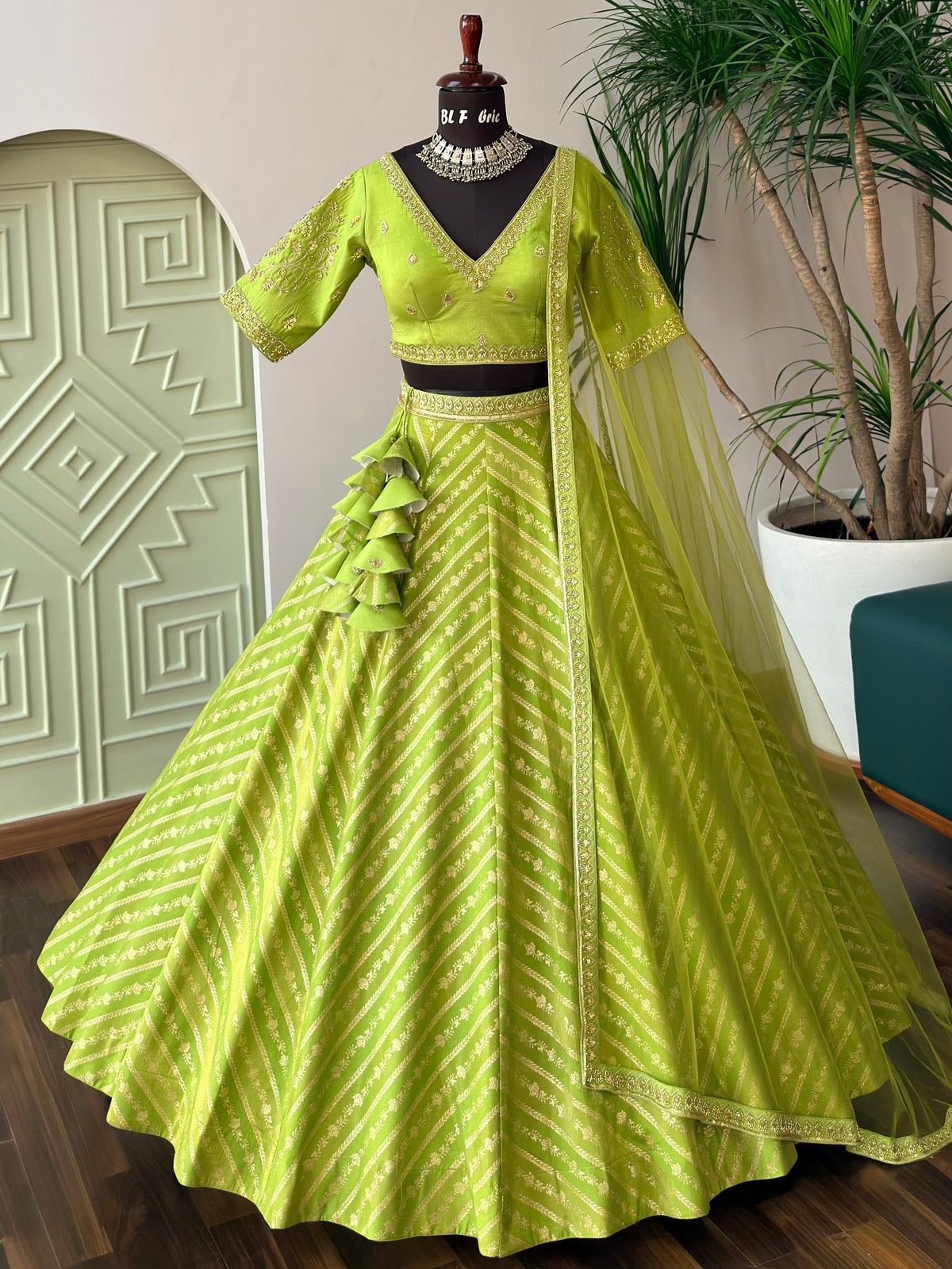 Parrot Green color Jacquard Fabric With Bids Designer Lehenga choli for Any Function BL1704