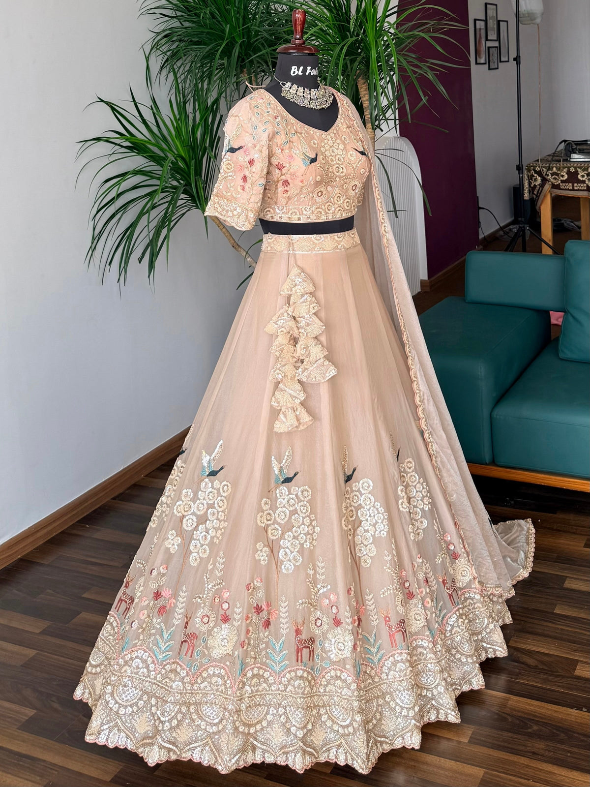 Dusty Peach Nude color Bids Embroidery work Designer Lehenga Choli BL1743