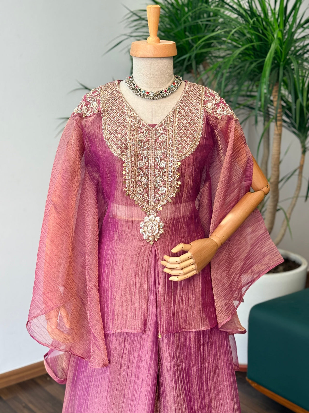 Mauve Pink Handwork Necklace Sharara set BLS131