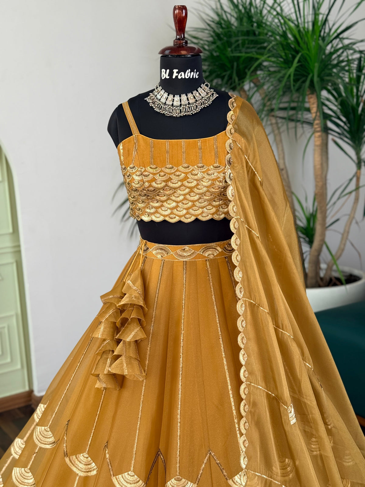 Golden Mustard color Sequence Embroidery work Designer Lehenga Choli BL1724