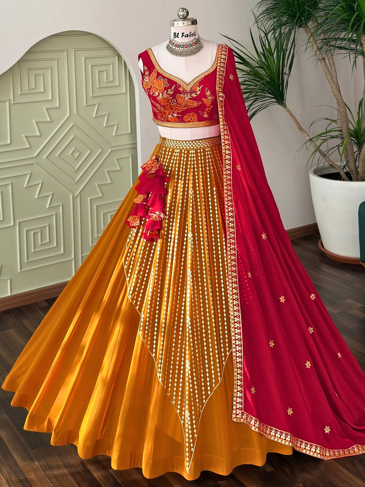 Rani Pink with Mustard Yellow Sequence Embroidery work Designer Lehenga Choli BL1692