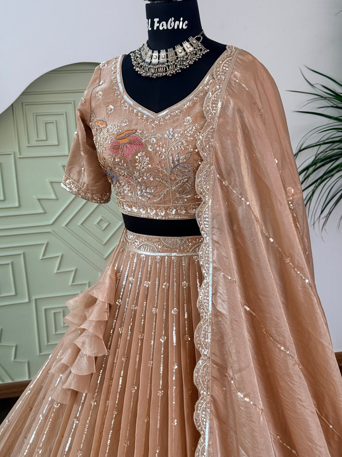 Peach Gold color Bids Embroidery work Lehenga Choli BL1723
