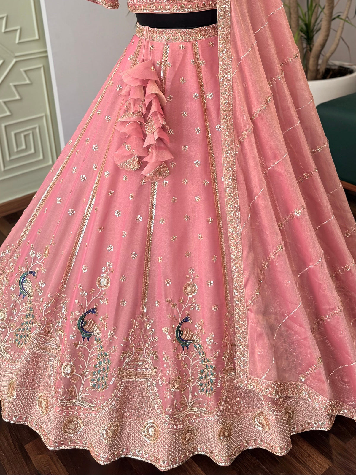Dusty Peach Pink color Bids Embroidery work Designer Lehenga Choli BL1710