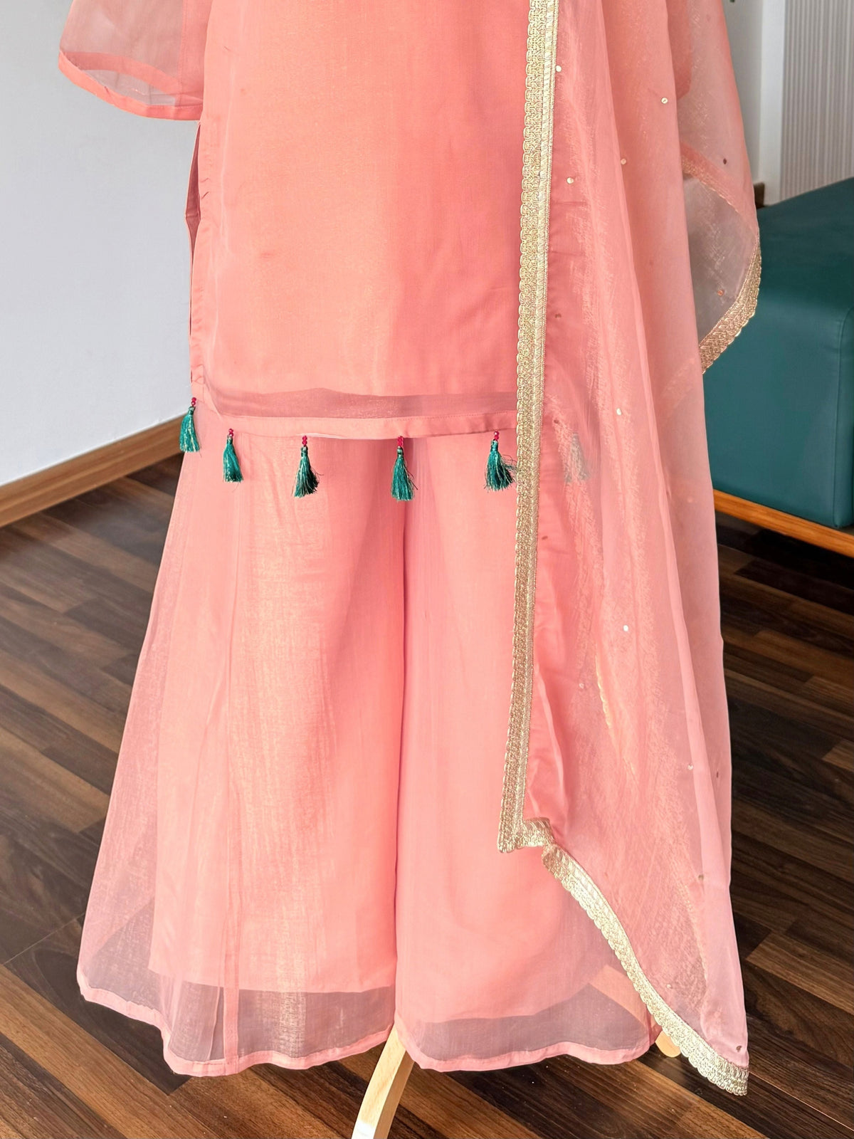 Peach Pink color Bids Sequence Embroidery work Sharara set BLS135