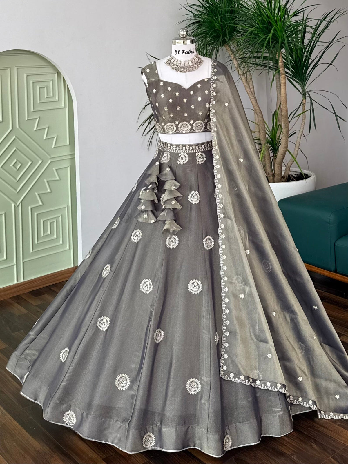 Steel Grey color Sequence Embroidery work Designer Lehenga Choli BL1718