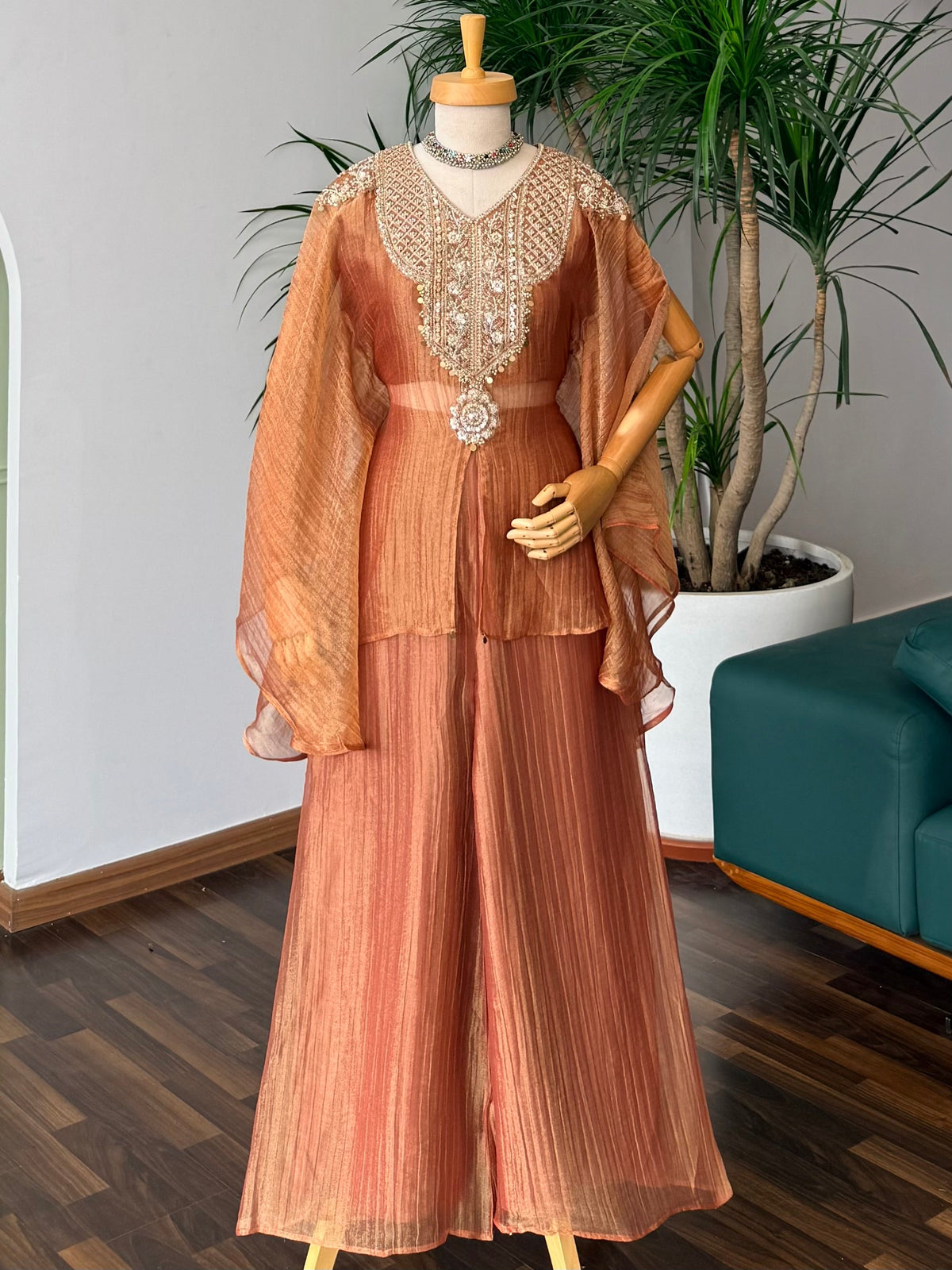 Copper Peach Handwork Necklace Sharara set BLS130