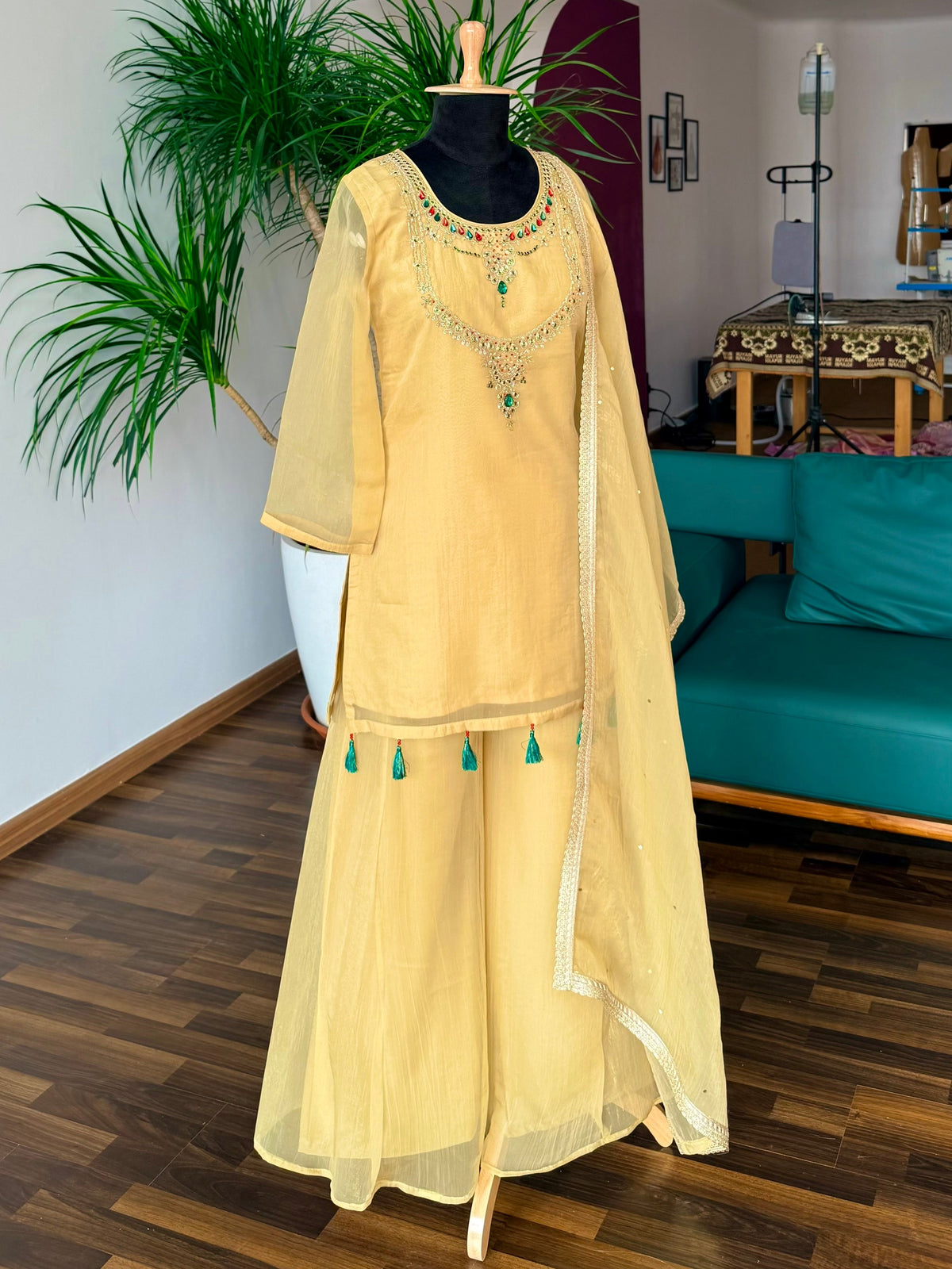 Pastel Yellow color Bids Sequence Embroidery work Sharara set BLS136