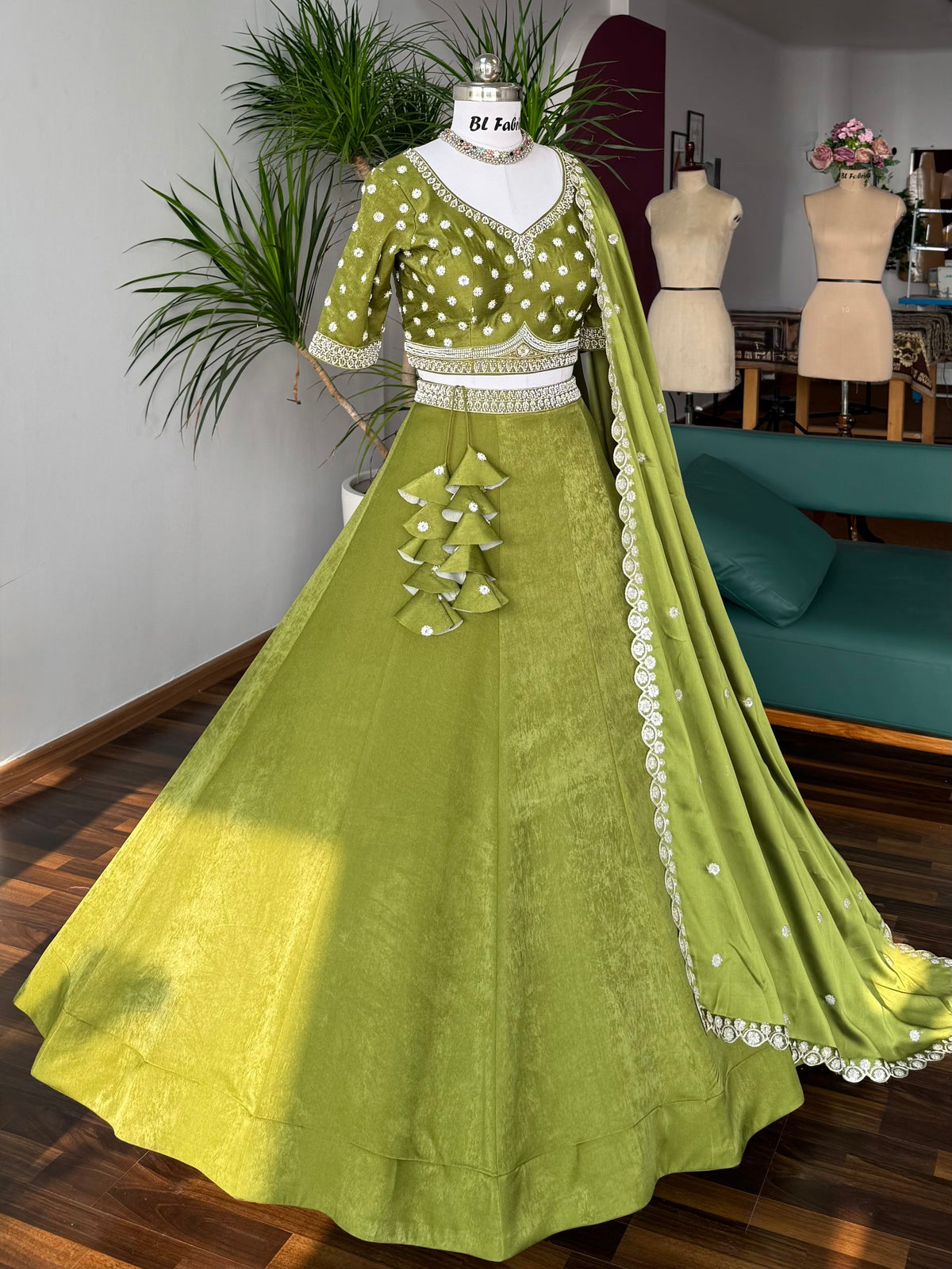 Mehendi color Designer Bids Embroidery work Lehenga choli BL1652