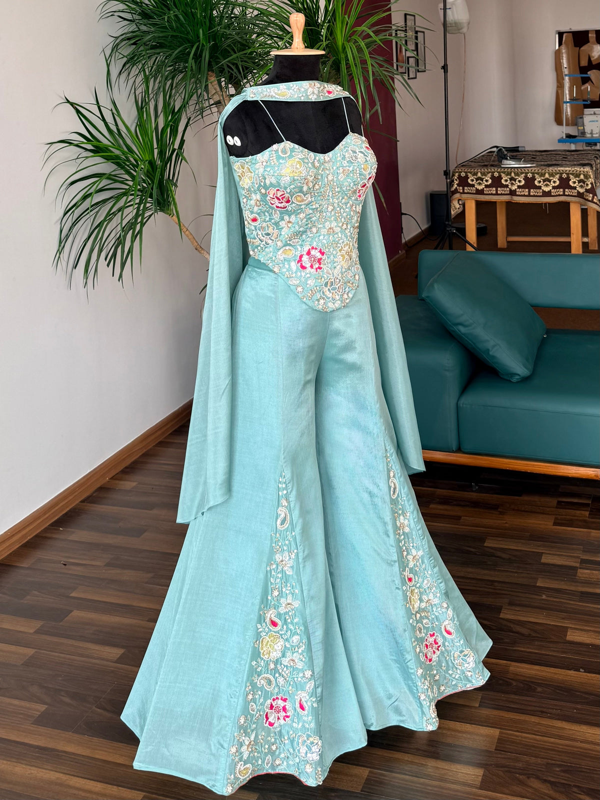 Pastel Aqua Blue color Bids Sequence Embroidery work Sharara set BLS128