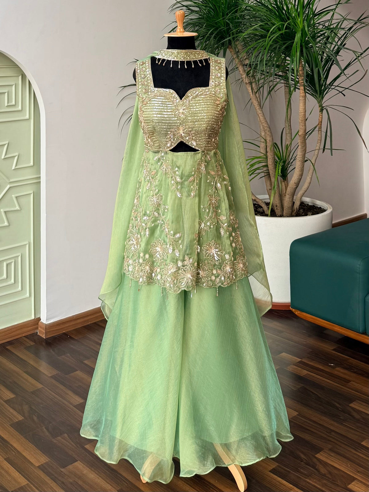 Pastel Pistachio Green color Bids Sequence Embroidery work Sharara set BLS138