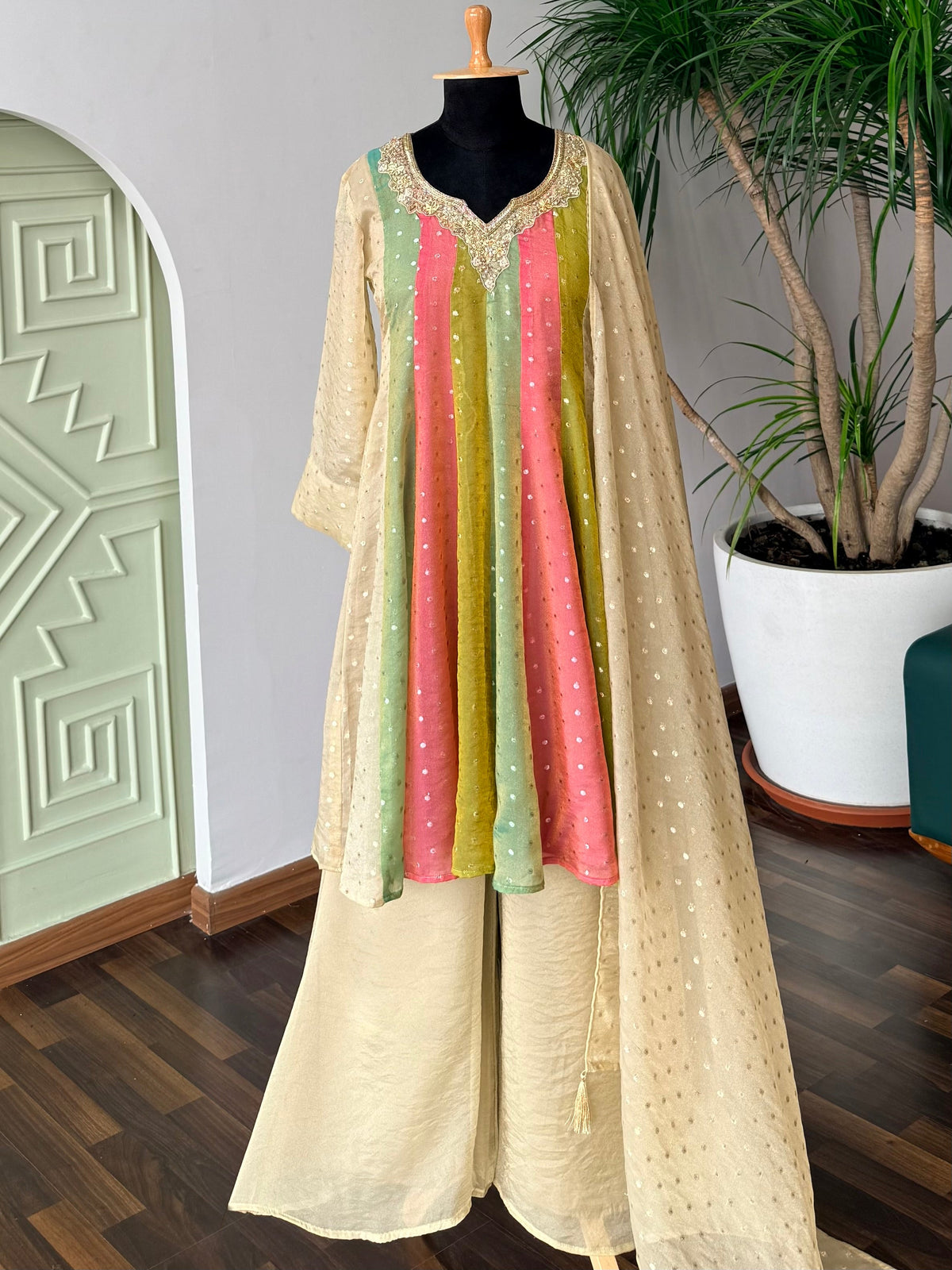 Multi Ivory Gold Handwork Necklace Sharara set BLS123