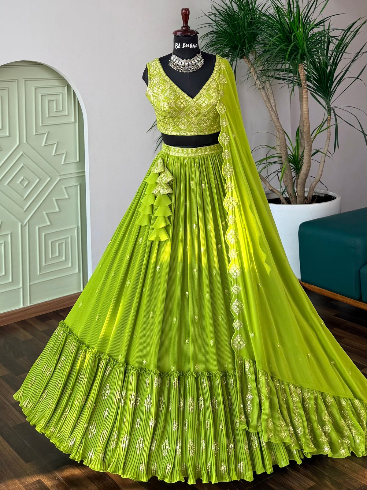 Parrot Green Crush & Embroidery work Ruffle Style Lehenga Choli for any function BL1695