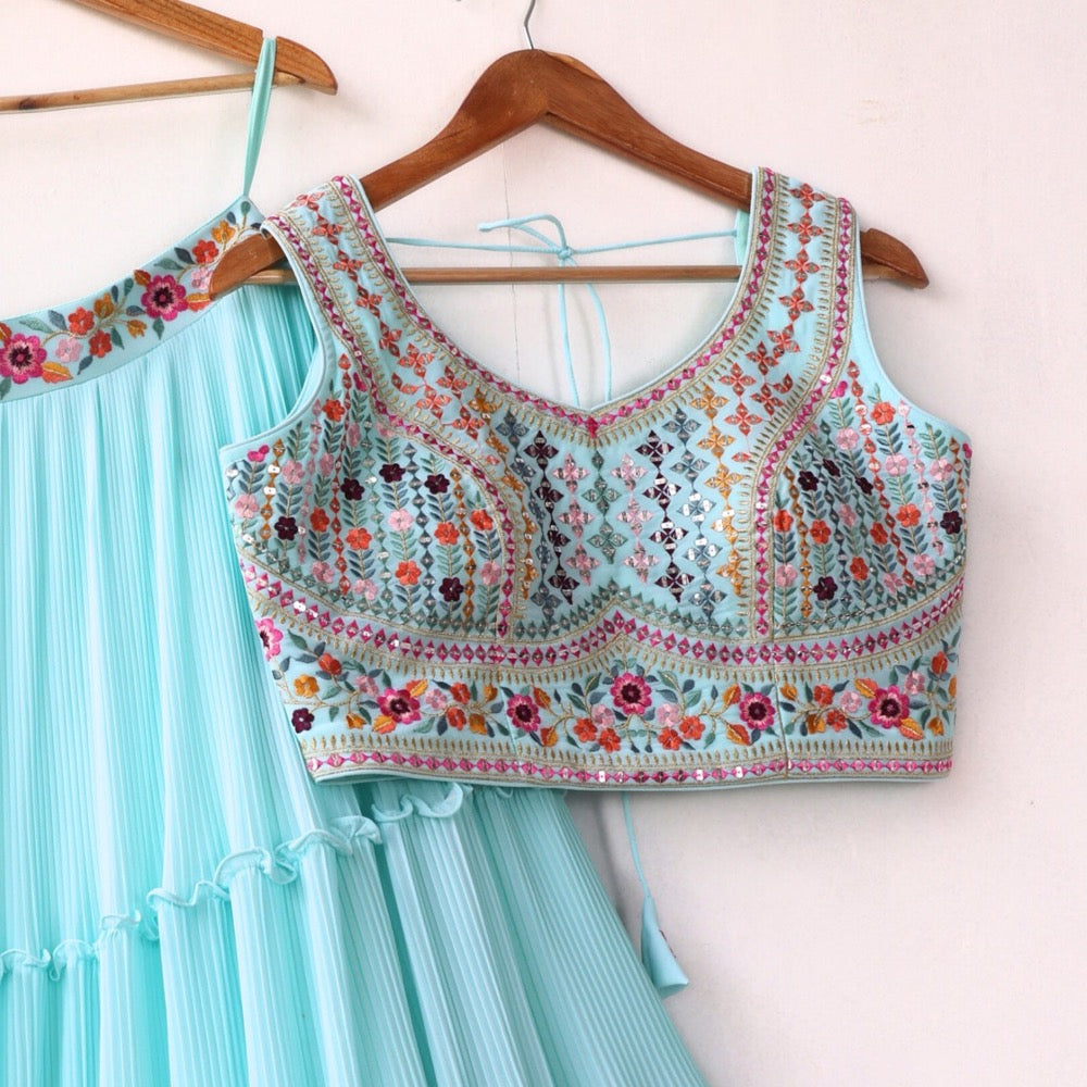 Skyblue color Mirror Embroidery & Crush work Ruffle Style Lehenga Choli for any function BL1256