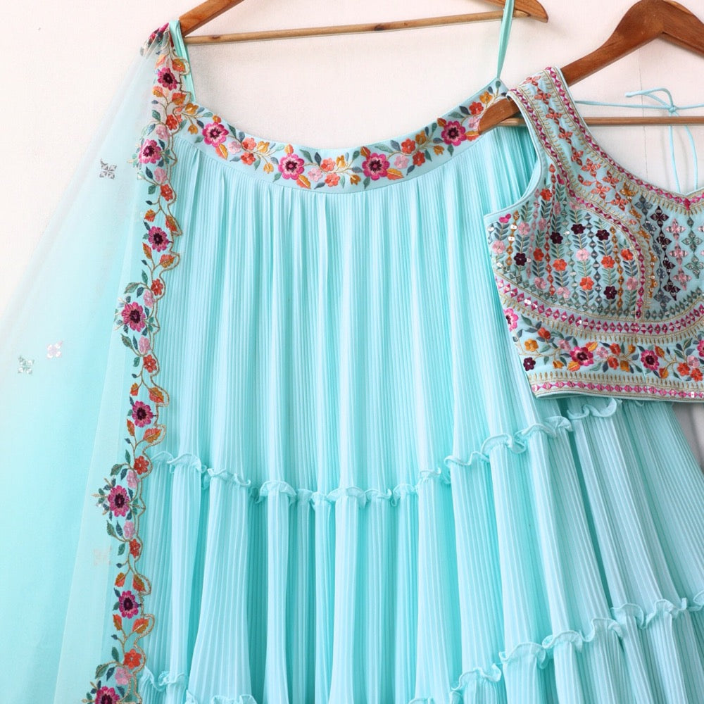Skyblue color Mirror Embroidery & Crush work Ruffle Style Lehenga Choli for any function BL1256