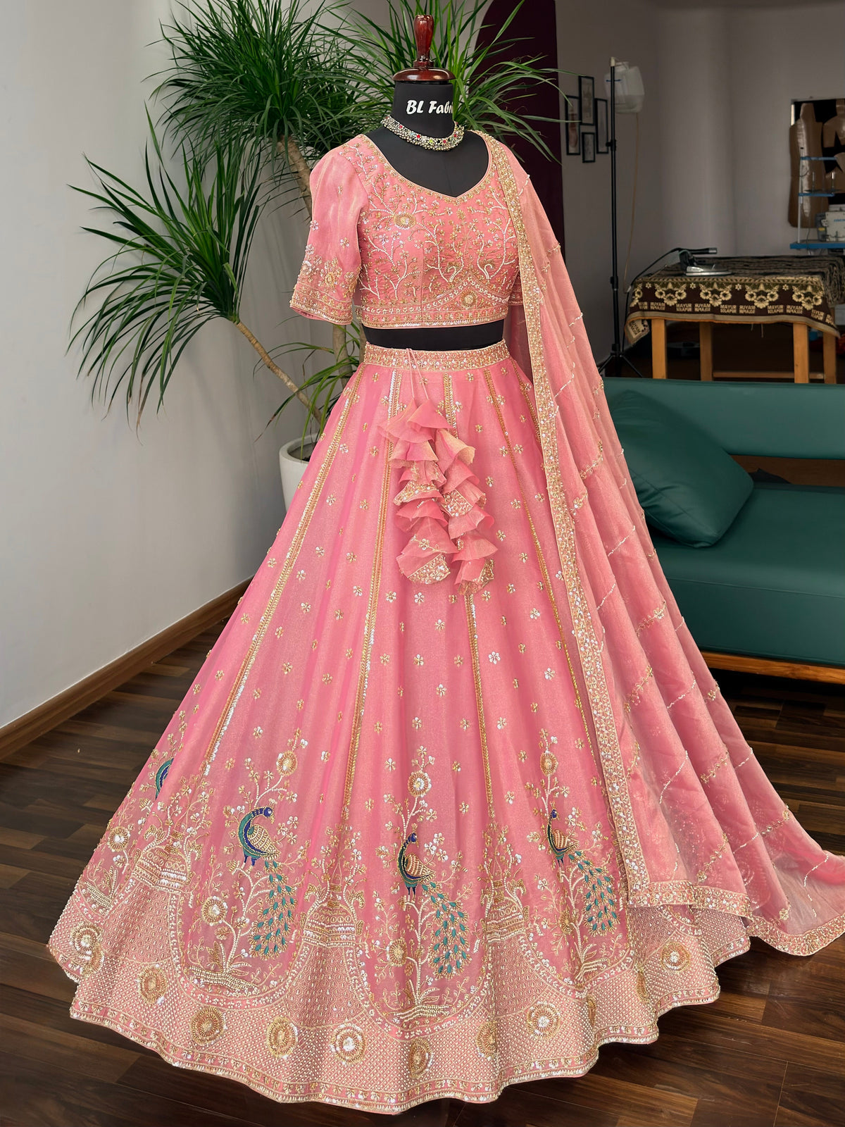Dusty Peach Pink color Bids Embroidery work Designer Lehenga Choli BL1710