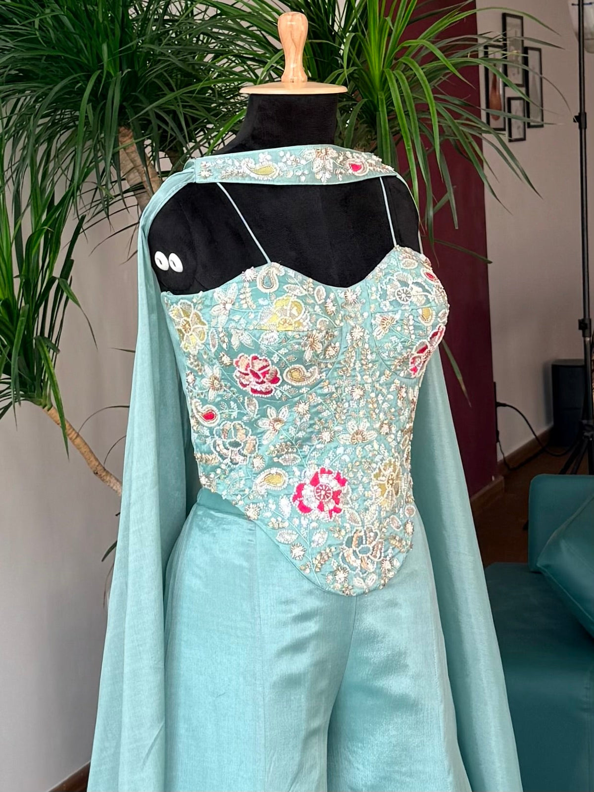 Pastel Aqua Blue color Bids Sequence Embroidery work Sharara set BLS128