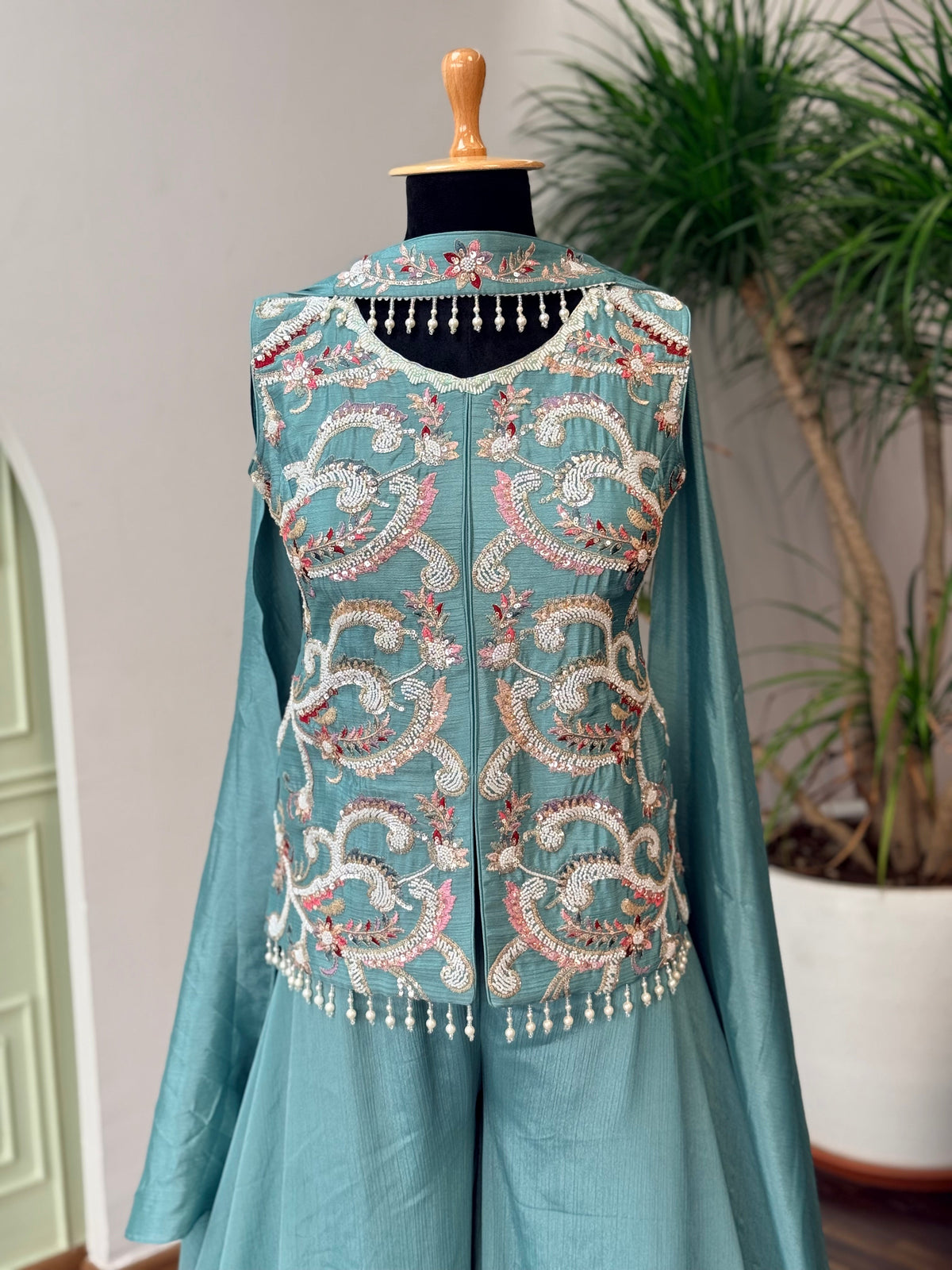 Sky blue color Bids Sequence Embroidery work Sharara set BLS122