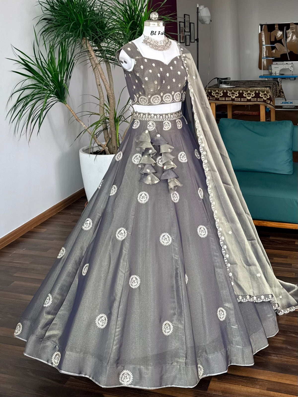 Steel Grey color Sequence Embroidery work Designer Lehenga Choli BL1718