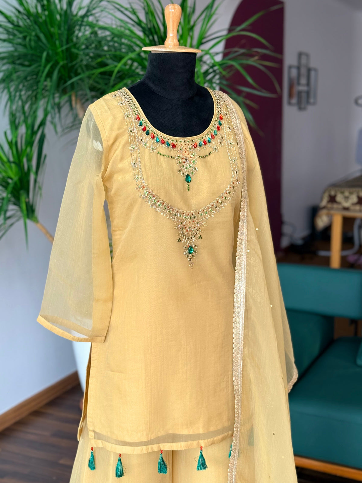 Pastel Yellow color Bids Sequence Embroidery work Sharara set BLS136