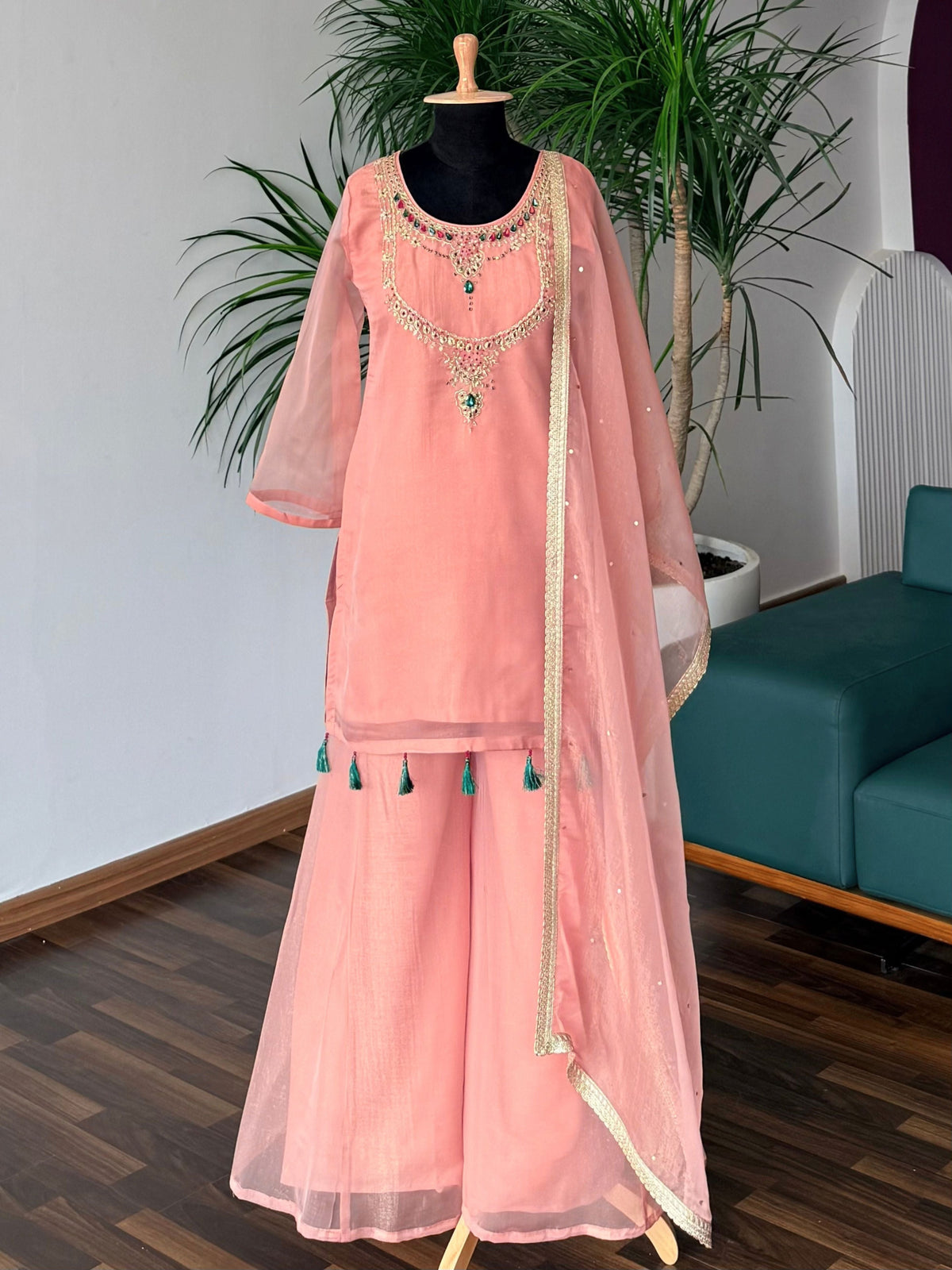 Peach Pink color Bids Sequence Embroidery work Sharara set BLS135
