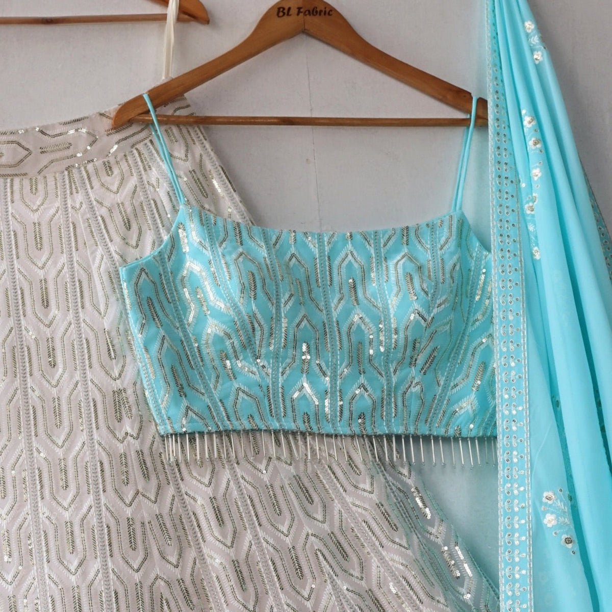 White Skyblue Shading color Sequence & Thread work Designer Wedding Lehenga Choli BL1289