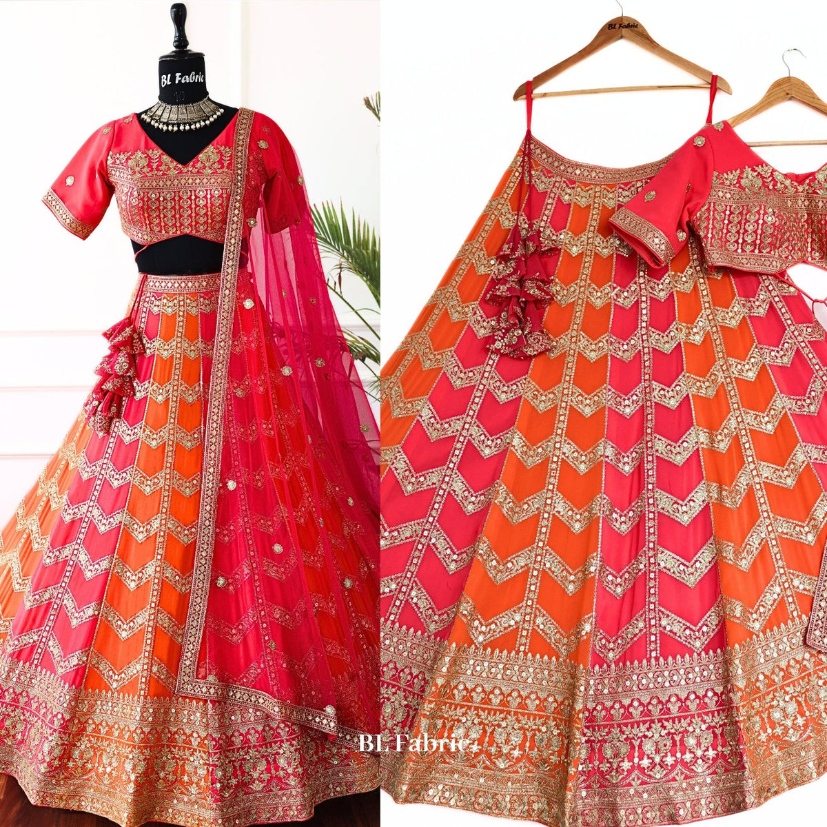 Pink Orange color Sequence Embroidery work Designer Lehenga choli for Wedding Function BL1432