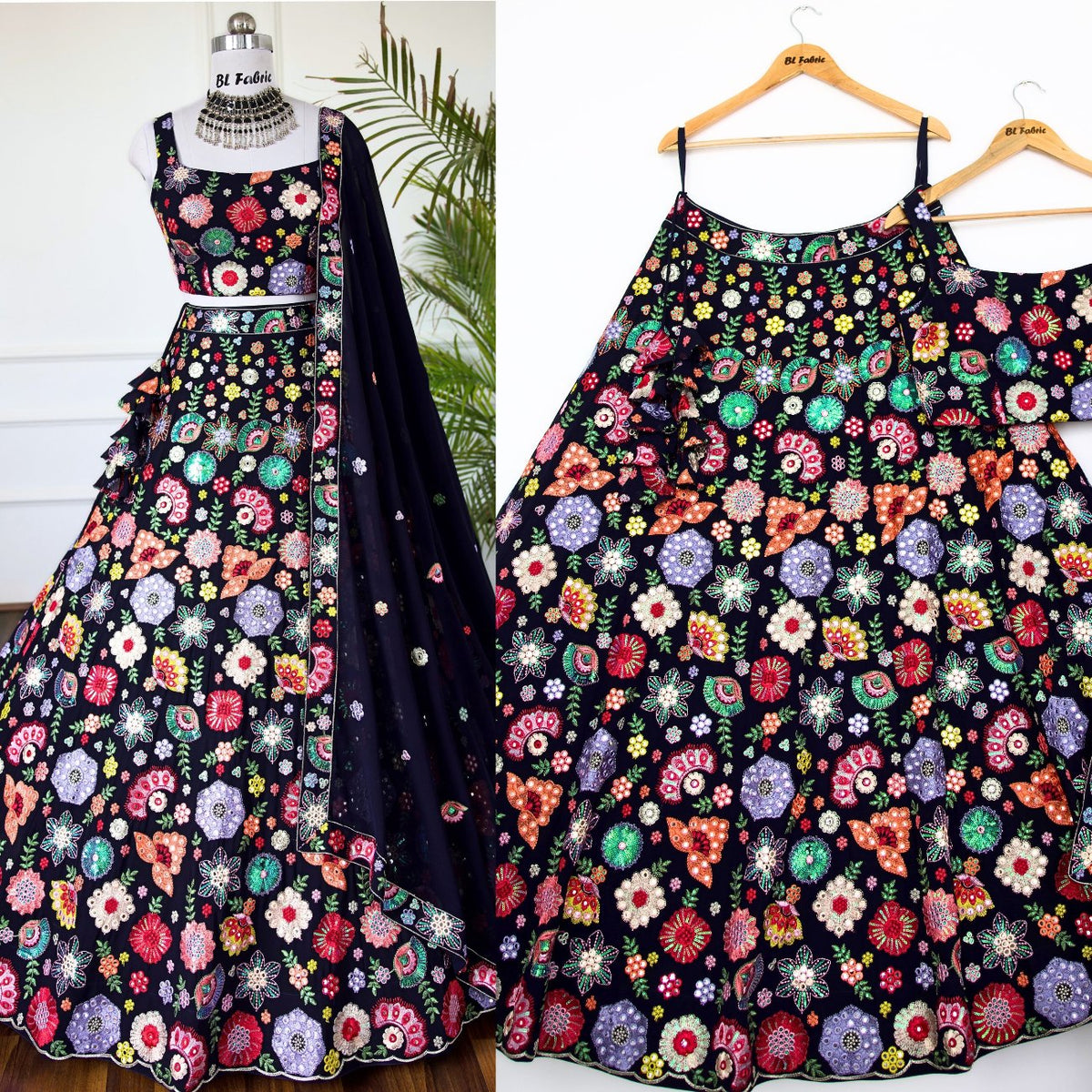 Navy Blue color Sequence Thread Embroidery work Designer Lehenga choli for Wedding Function BL1433