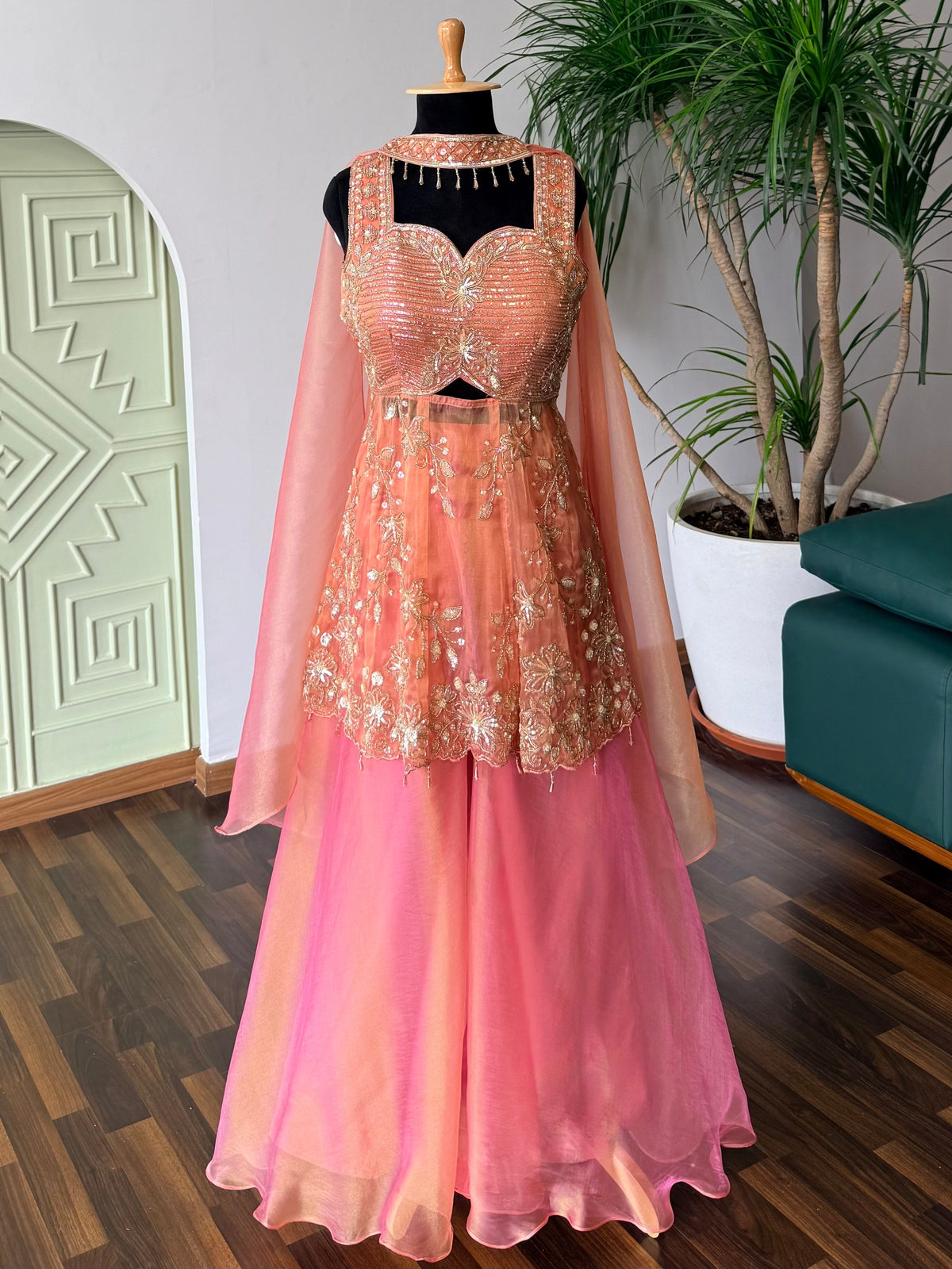 Peach Pink color Bids Sequence Embroidery work Sharara set BLS137