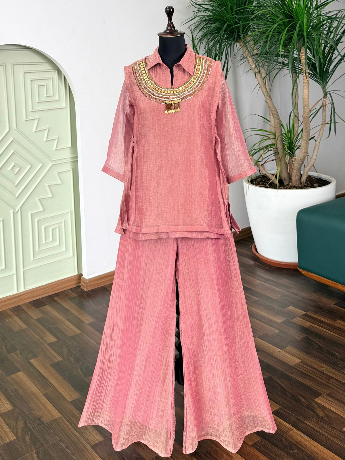 Dusty Rose Pink Handwork Necklace Sharara set BLS110