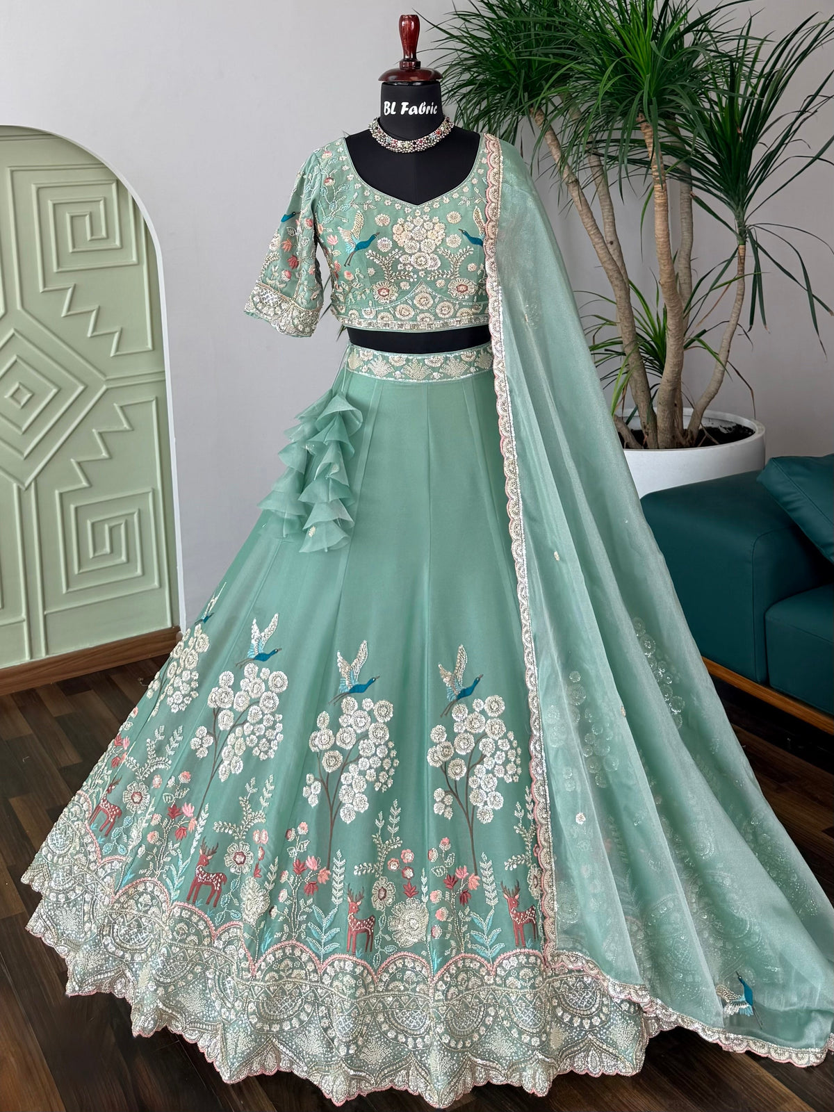 Dusty Sky blue color Bids Embroidery work Designer Lehenga Choli BL1716