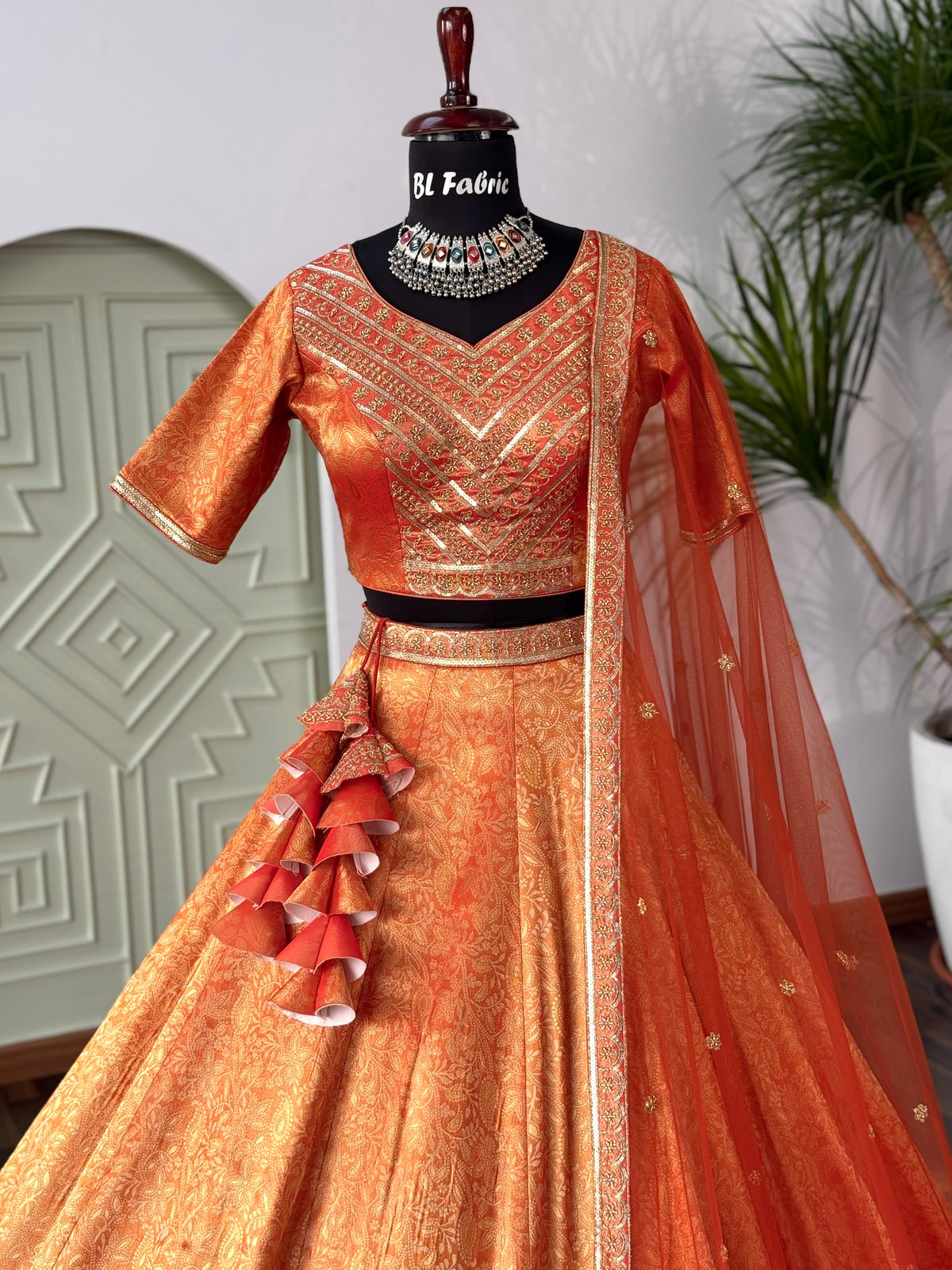 Orange color Jacquard With Bids Embroidery Designer Lehenga choli BL1676