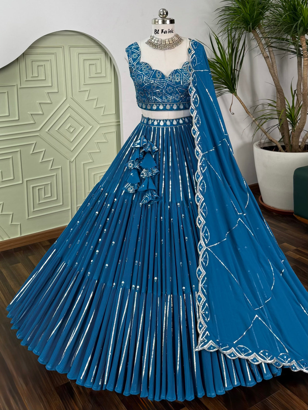Firozi color Ruffle Sequence Embroidery work Designer Lehenga Choli BL1653