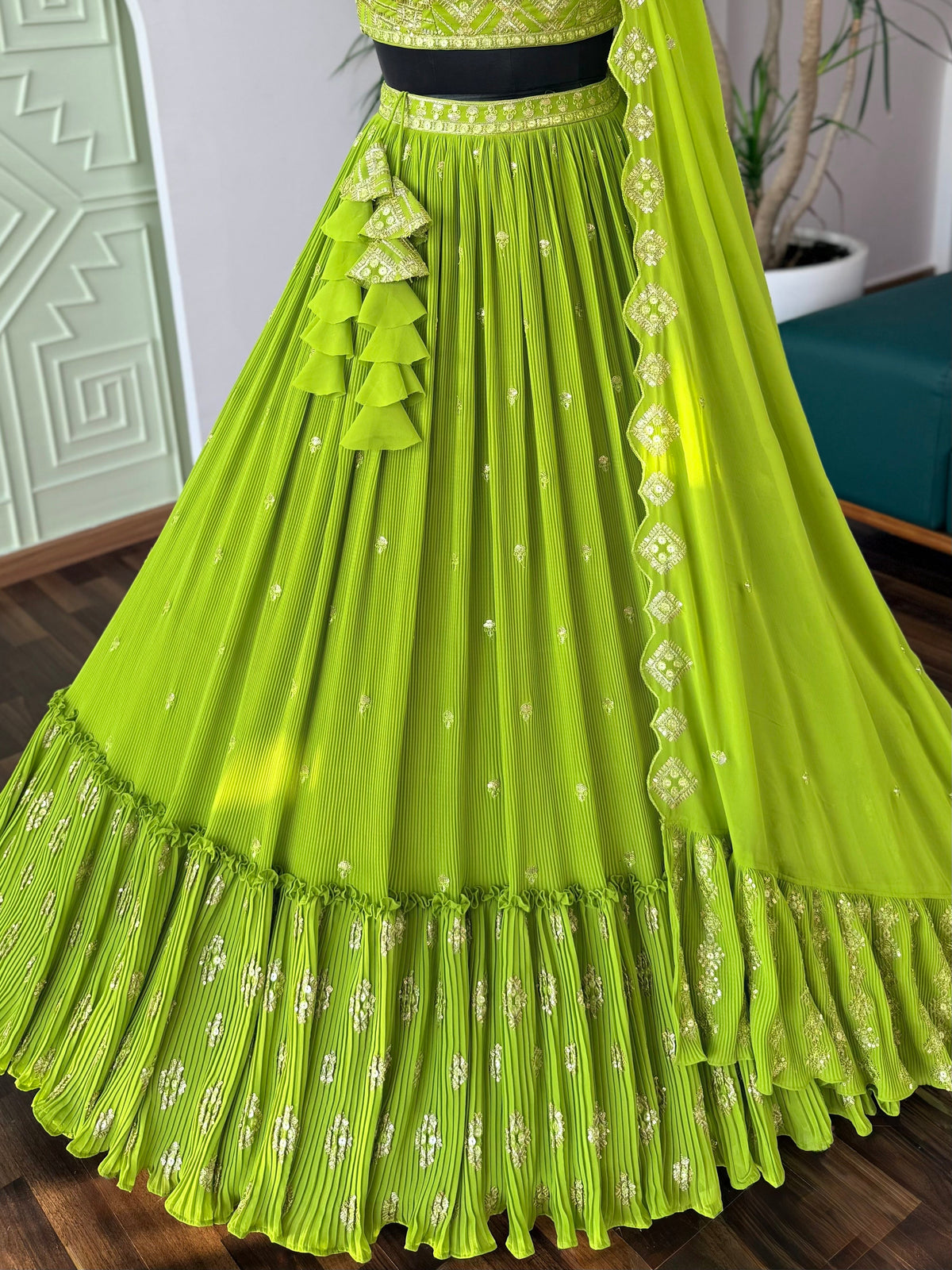 Parrot Green Crush & Embroidery work Ruffle Style Lehenga Choli for any function BL1695
