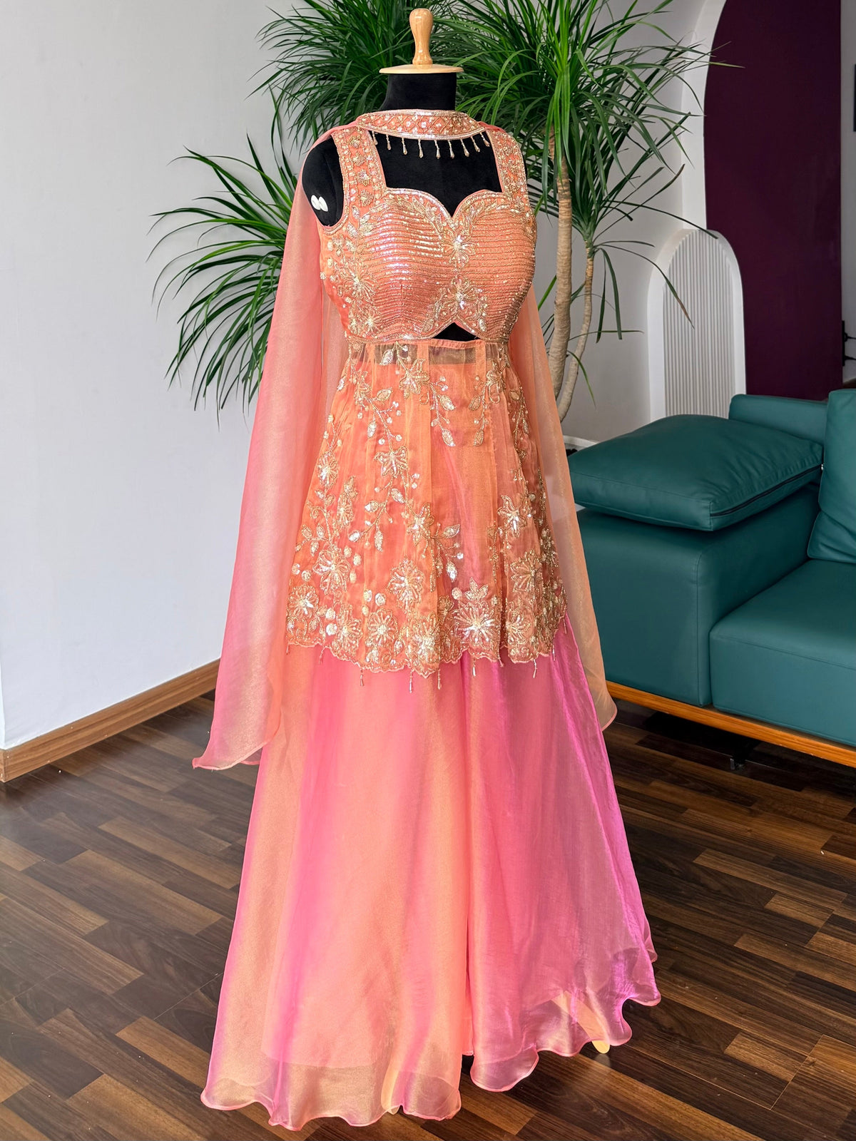 Peach Pink color Bids Sequence Embroidery work Sharara set BLS137