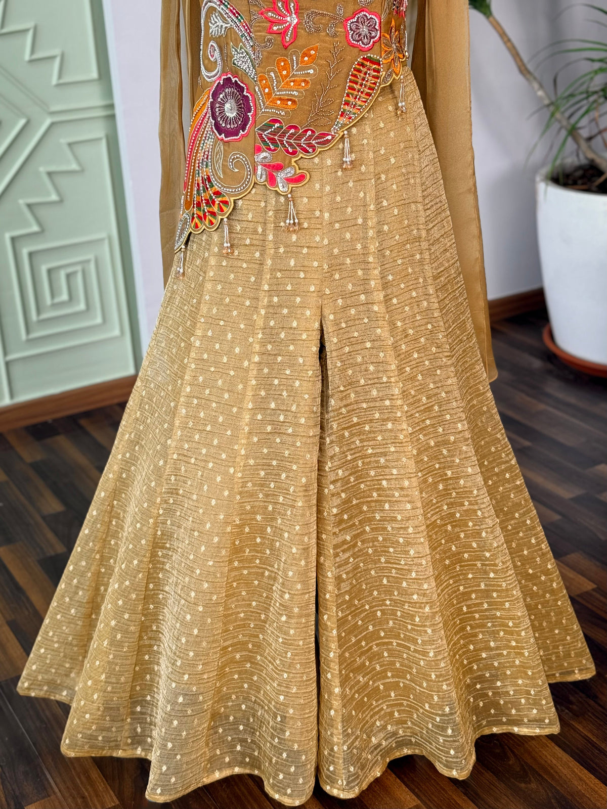 Golden Beige color Bids Embroidery work Sharara set BLS112