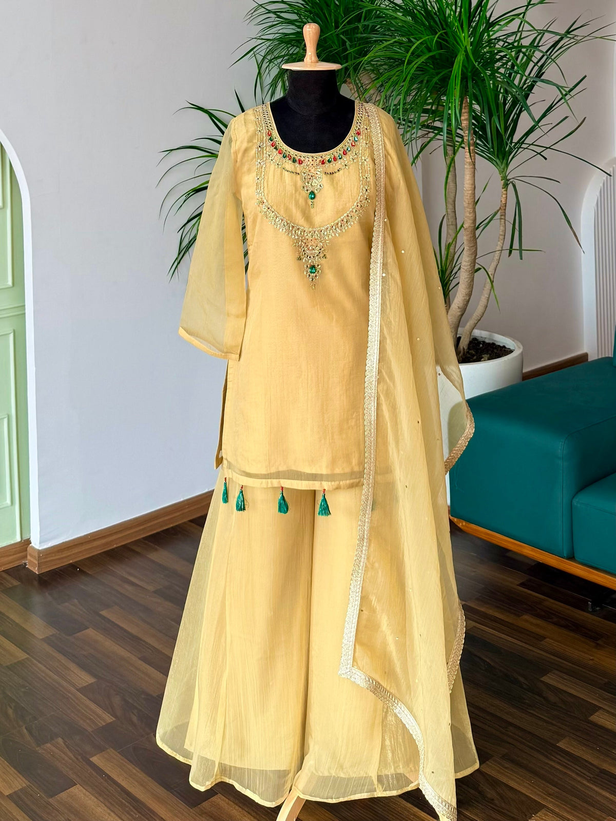Pastel Yellow color Bids Sequence Embroidery work Sharara set BLS136