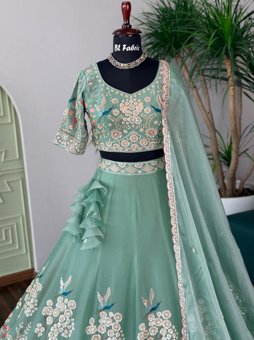 Dusty Sky blue color Bids Embroidery work Designer Lehenga Choli BL1716