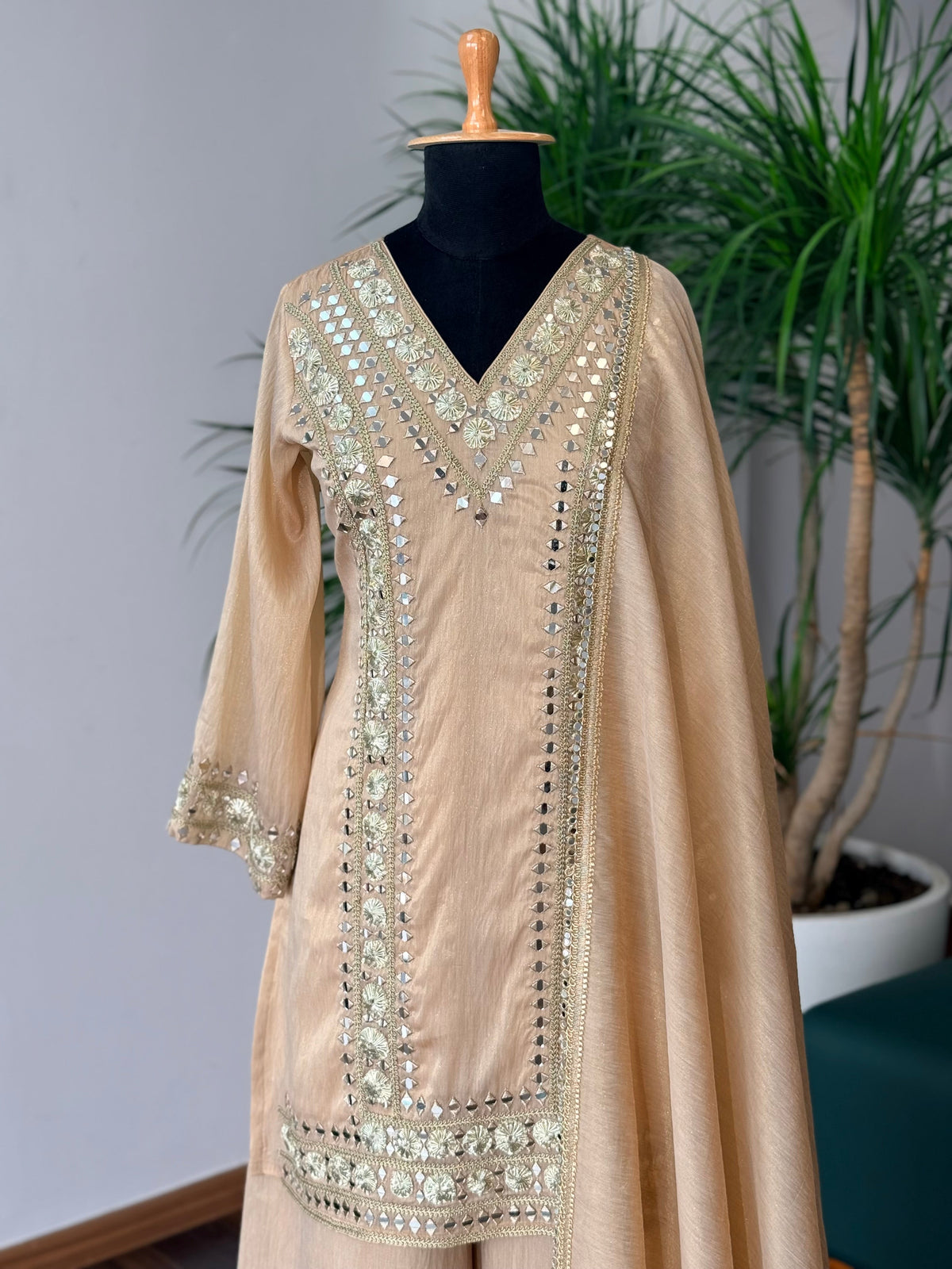 Champagne Gold Mirror & Embroidery Work Sharara set BLS120