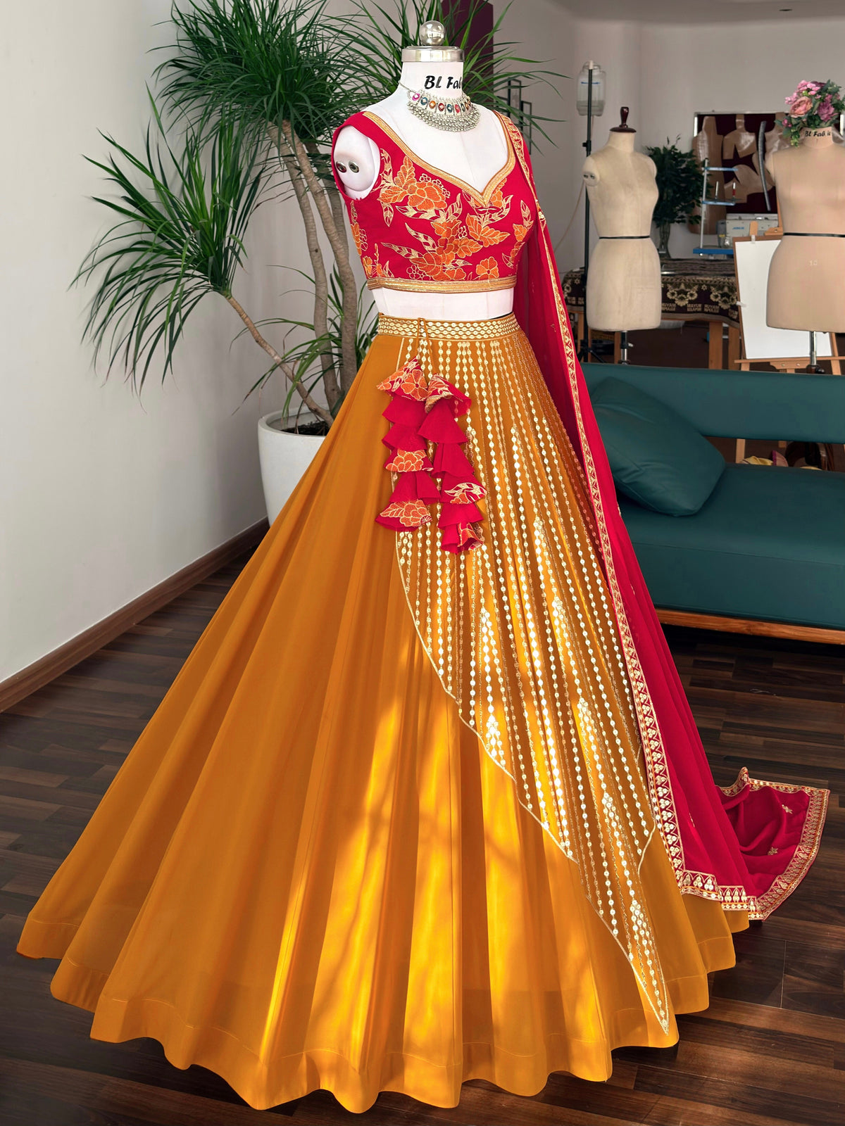 Rani Pink with Mustard Yellow Sequence Embroidery work Designer Lehenga Choli BL1692