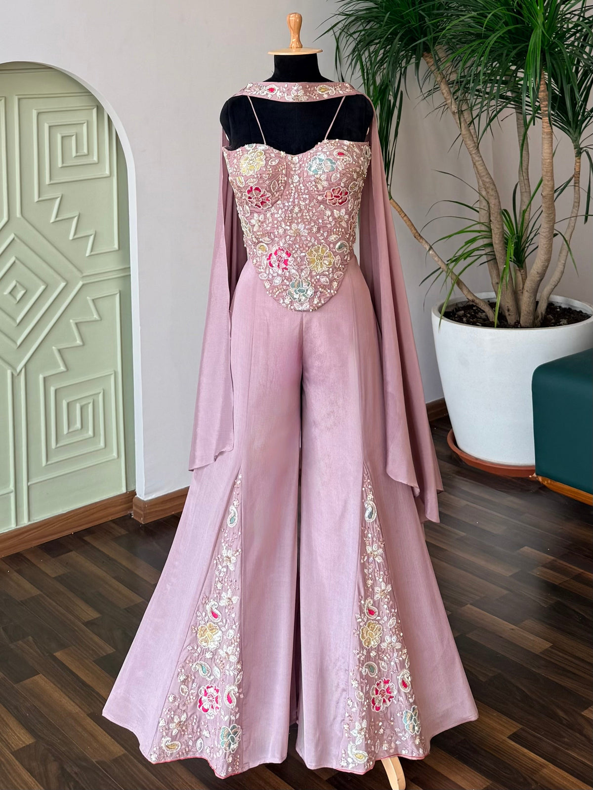 Soft Mauve Pink color Bids Sequence Embroidery work Sharara set BLS127