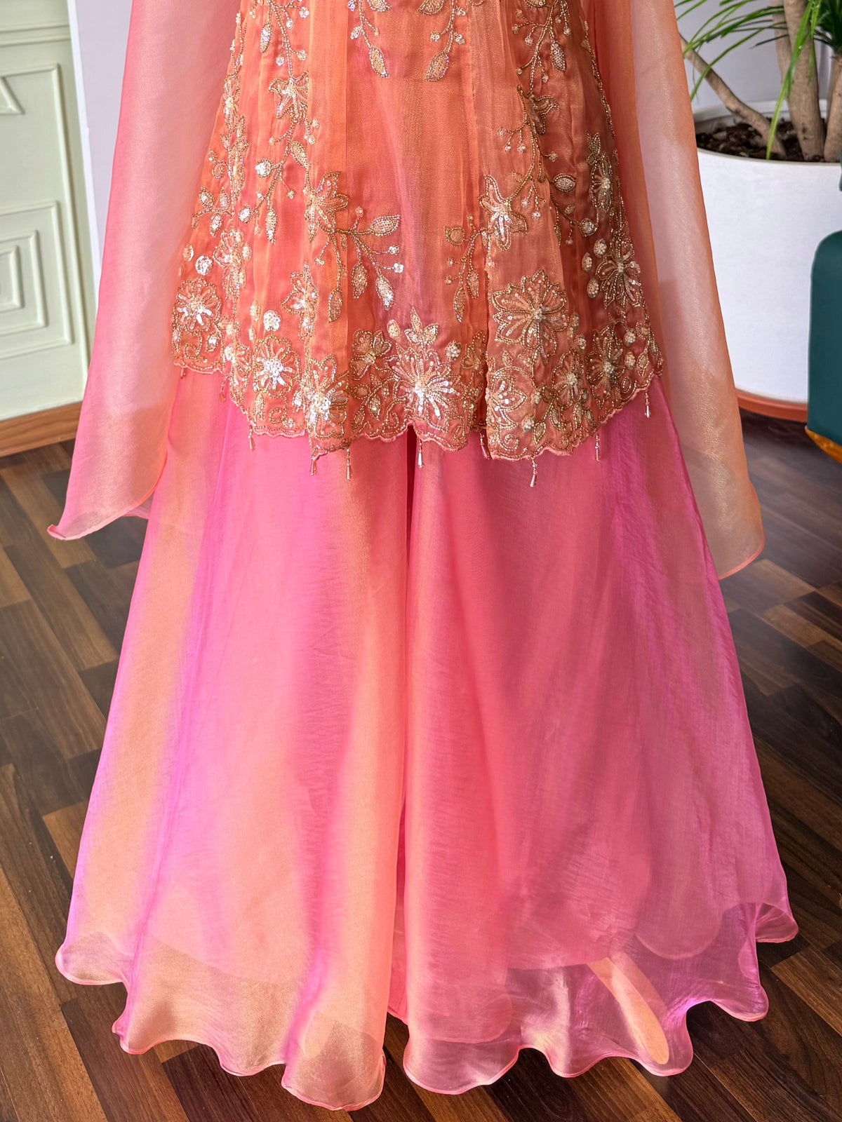 Peach Pink color Bids Sequence Embroidery work Sharara set BLS137