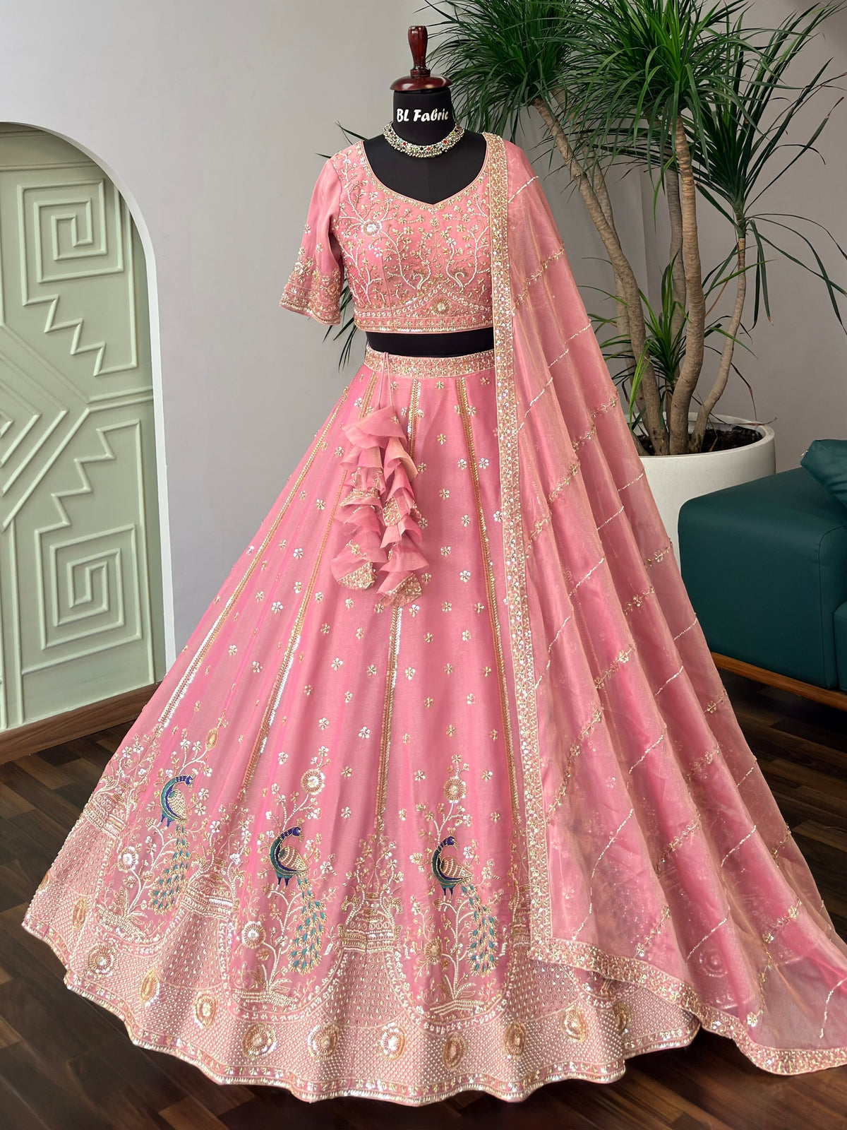 Dusty Peach Pink color Bids Embroidery work Designer Lehenga Choli BL1710