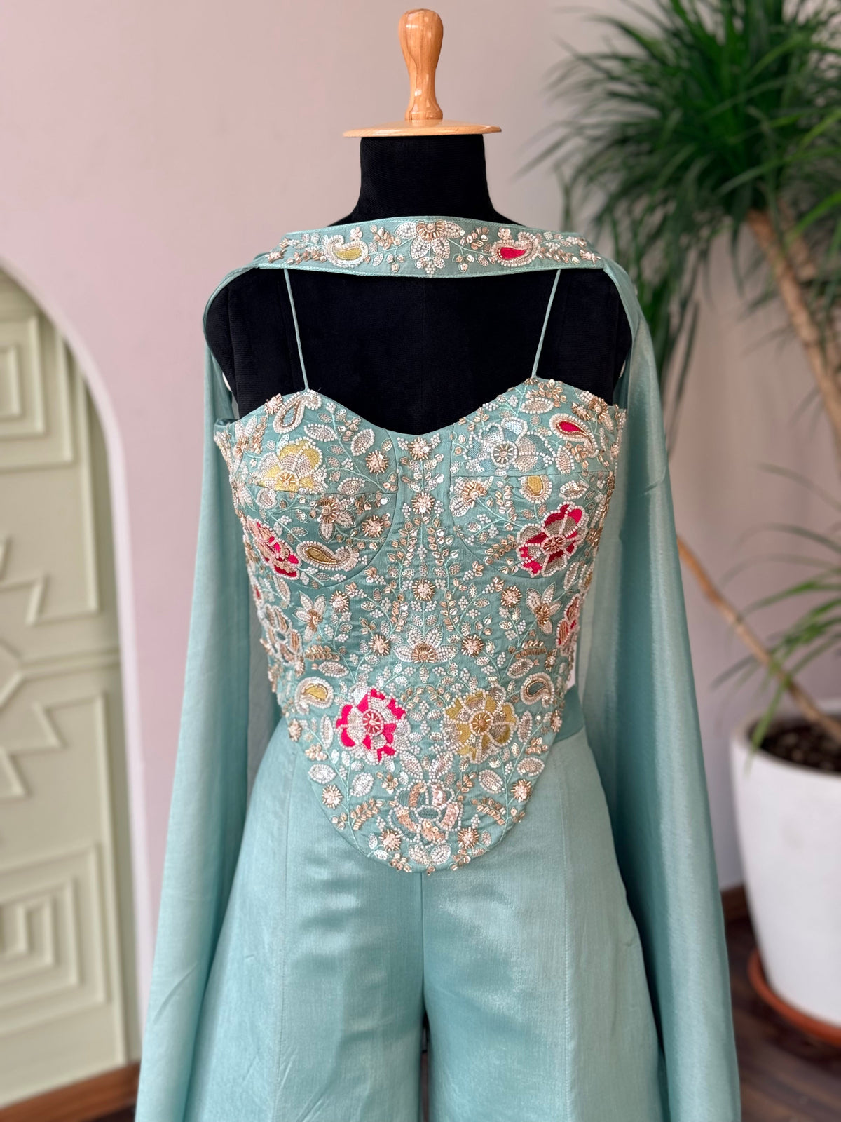 Pastel Aqua Blue color Bids Sequence Embroidery work Sharara set BLS128
