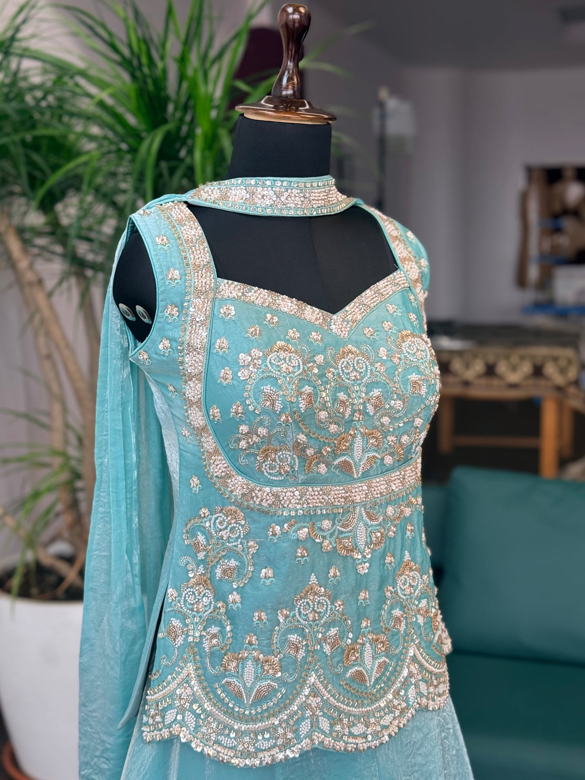 Royal Ice blue color Bids Sequence Embroidery work Sharara set BLS118
