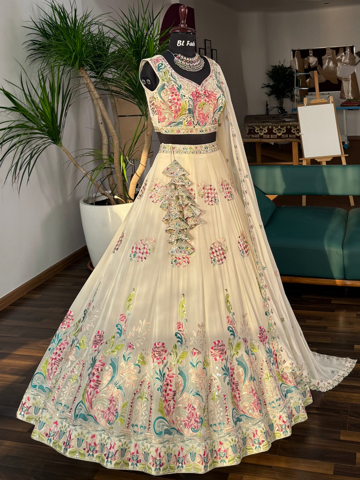 Off White color Real Mirror & Embroidery work Designer Lehenga Choli BL1656