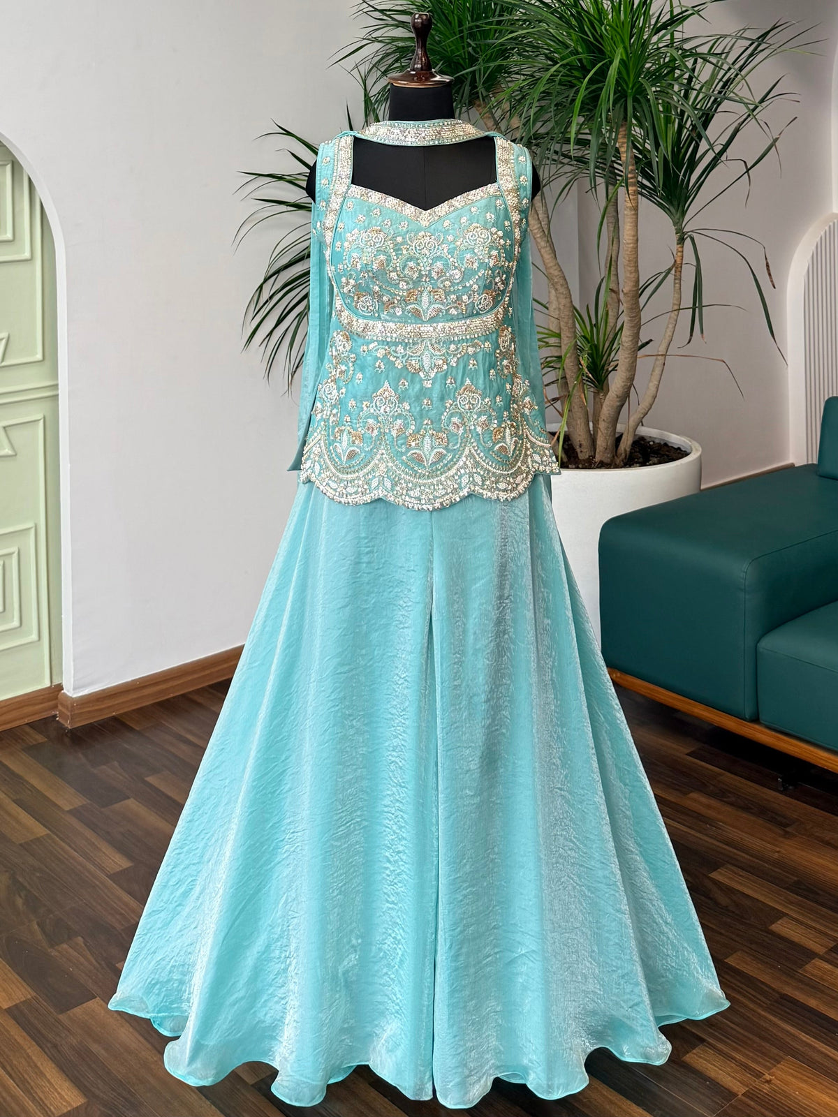 Royal Ice blue color Bids Sequence Embroidery work Sharara set BLS118