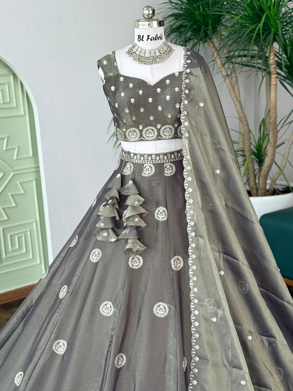 Steel Grey color Sequence Embroidery work Designer Lehenga Choli BL1718